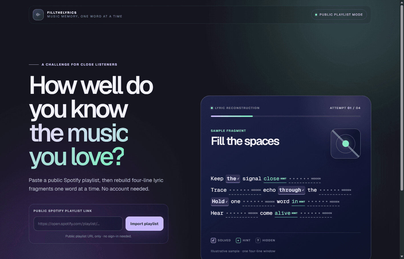 FillTheLyrics public playlist entry screen with a playlist URL field and an illustrative lyric-reconstruction sample