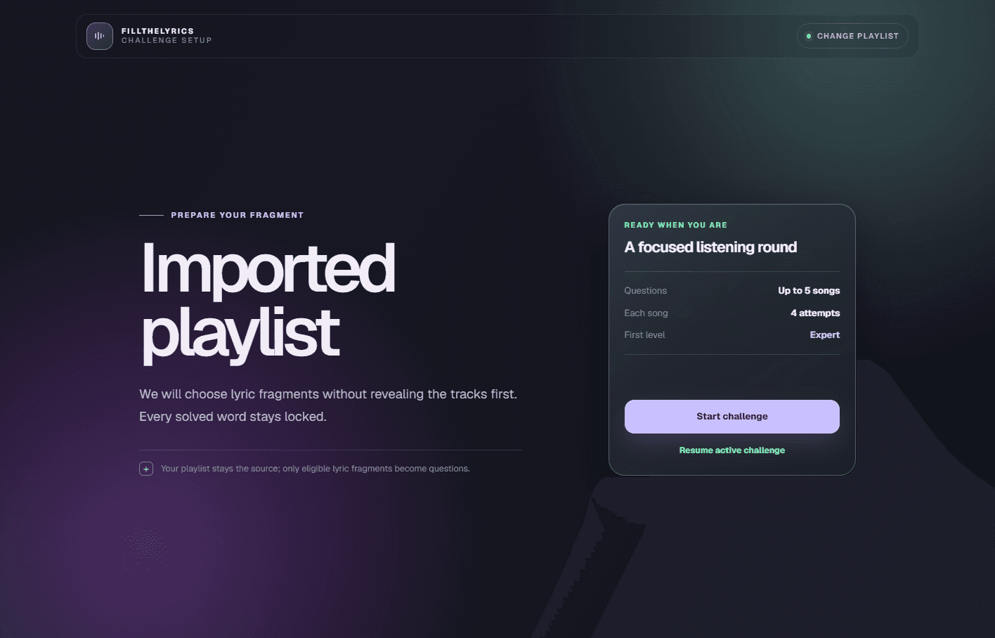 FillTheLyrics challenge setup screen for an imported public playlist with attempt and question summary