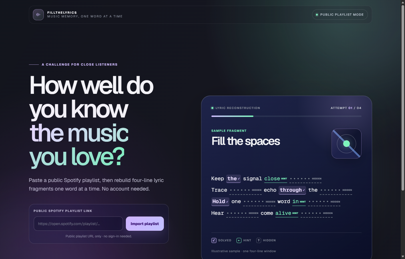 FillTheLyrics public playlist entry screen with a playlist URL field and an illustrative lyric-reconstruction sample