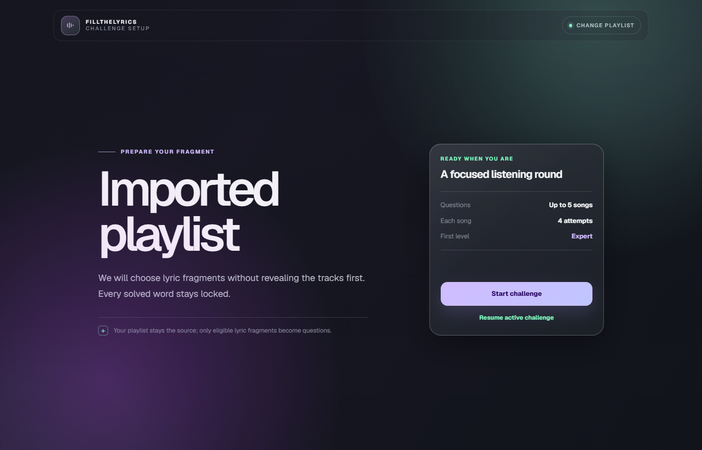 FillTheLyrics challenge setup screen for an imported public playlist with attempt and question summary